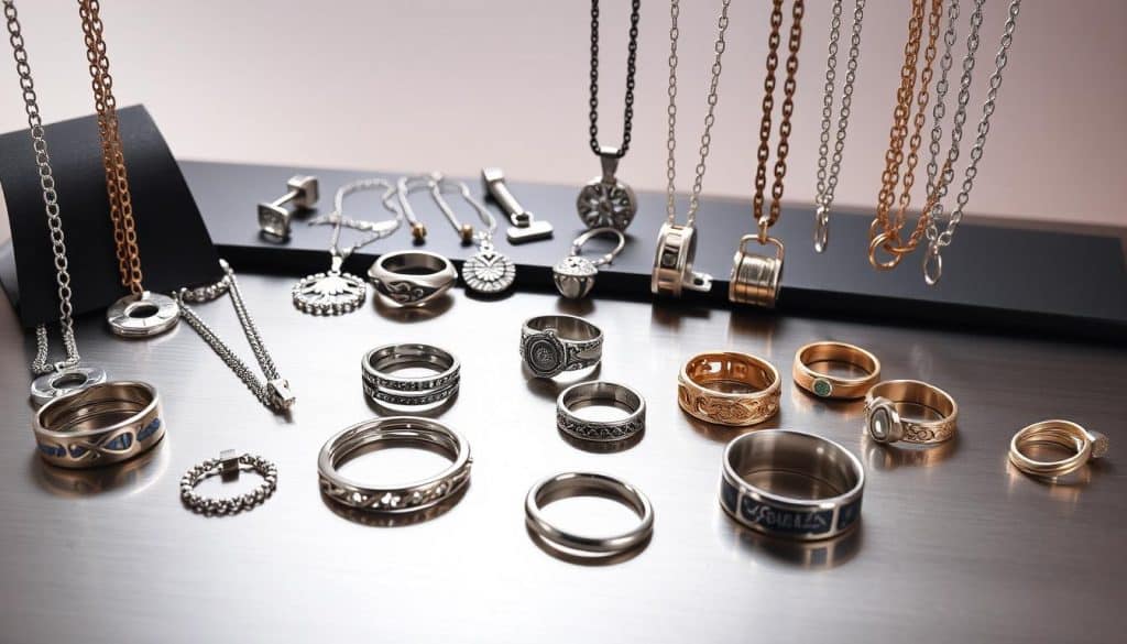 High-quality stainless steel jewelry pieces displayed on a sleek, metallic surface. The foreground features an assortment of necklaces, rings, and earrings with a range of intricate designs, reflecting the diverse offerings of a wholesale jewelry supplier. The middle ground showcases the luster and durability of the stainless steel, captured under warm, diffused lighting that casts subtle shadows, highlighting the craftsmanship. The background is a clean, minimalist environment, allowing the jewelry to take center stage and emphasize its essential qualities - strength, versatility, and timeless elegance.