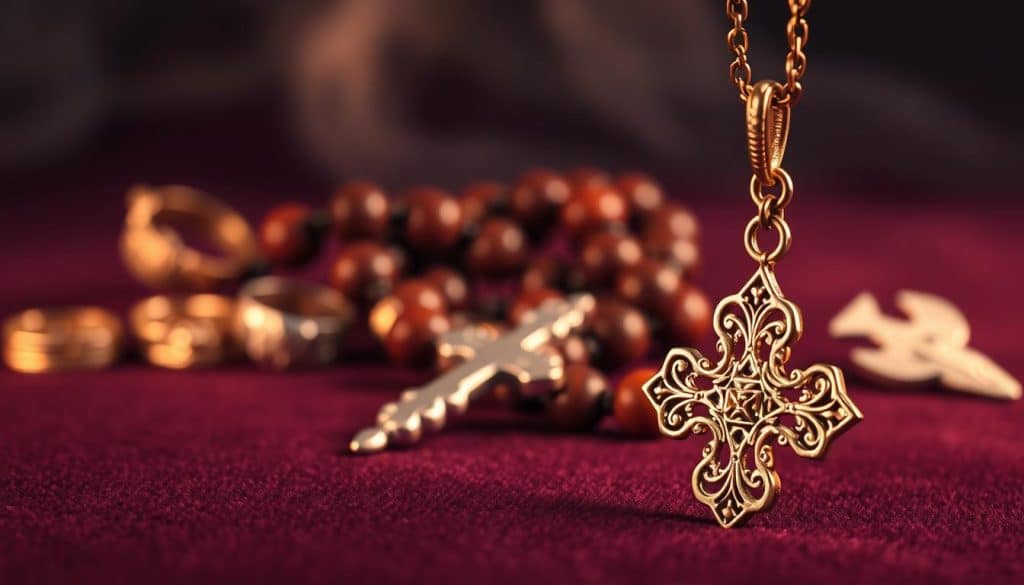 Intricate Christian symbolic jewelry - a captivating display of faith and devotion. In the foreground, an elegant gold cross pendant with delicate filigree detailing, bathed in soft, warm lighting. Surrounding it, a collection of precious metal rings, each adorned with symbols such as the Chi-Rho, the fish, or the dove. In the middle ground, a rosary with polished wooden beads and a silver crucifix gently rests on a rich, velvet-textured surface. The background features a hazy, ethereal ambiance, casting a serene, reverent atmosphere. Crafted with meticulous attention to detail, this HonHo Jewelry collection embodies the timeless beauty and spiritual significance of Christian iconography. Intricate Christian symbolic jewelry - a captivating display of faith and devotion. In the foreground, an elegant gold cross pendant with delicate filigree detailing, bathed in soft, warm lighting. Surrounding it, a collection of precious metal rings, each adorned with symbols such as the Chi-Rho, the fish, or the dove. In the middle ground, a rosary with polished wooden beads and a silver crucifix gently rests on a rich, velvet-textured surface. The background features a hazy, ethereal ambiance, casting a serene, reverent atmosphere. Crafted with meticulous attention to detail, this HonHo Jewelry collection embodies the timeless beauty and spiritual significance of Christian iconography.