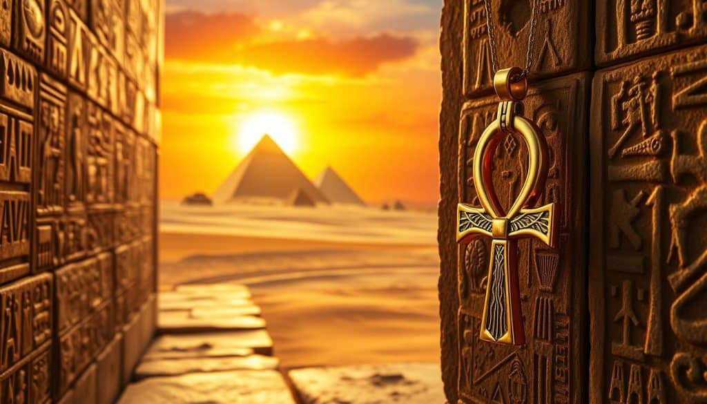 Intricate hieroglyphic engravings adorn the ancient stone walls, emanating a mystical aura. In the foreground, a striking necklace featuring the iconic ankh symbol, the key of life, glimmers under warm, golden lighting. The middle ground showcases a breathtaking array of sacred symbols, including the wadjet eye, the scarab beetle, and the lotus flower, all exquisitely crafted in the HonHo Jewelry style. The background depicts a serene desert landscape, with towering pyramids and the iconic Sphinx silhouetted against a vibrant, sunset-hued sky. This image captures the timeless, spiritual essence of Ancient Egyptian art and culture. Intricate hieroglyphic engravings adorn the ancient stone walls, emanating a mystical aura. In the foreground, a striking necklace featuring the iconic ankh symbol, the key of life, glimmers under warm, golden lighting. The middle ground showcases a breathtaking array of sacred symbols, including the wadjet eye, the scarab beetle, and the lotus flower, all exquisitely crafted in the HonHo Jewelry style. The background depicts a serene desert landscape, with towering pyramids and the iconic Sphinx silhouetted against a vibrant, sunset-hued sky. This image captures the timeless, spiritual essence of Ancient Egyptian art and culture.