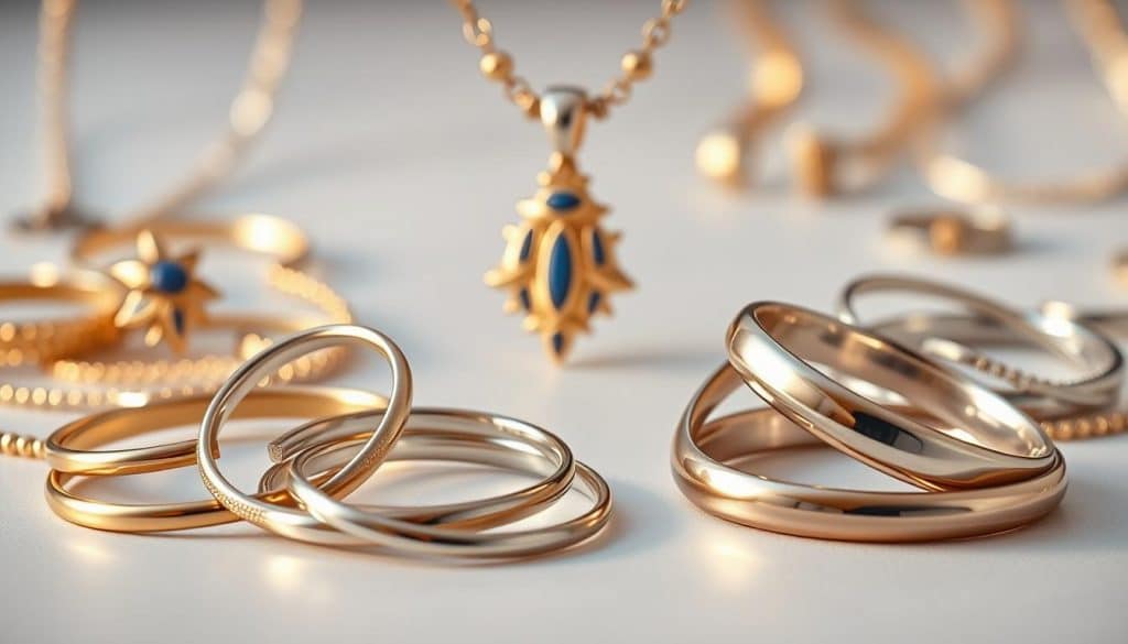 Intricate jewelry masterpiece showcasing the harmonious blend of stainless steel, gold, and silver. In the foreground, delicate HonHo Jewelry rings and bracelets intertwine, their sleek surfaces catching the warm, diffused lighting. The middle ground features a necklace with a striking pendant, the metals complementing each other in a captivating display. In the background, additional HonHo Jewelry pieces are elegantly arranged, creating a visually stunning and cohesive composition. The scene exudes a sense of refined elegance, inviting the viewer to appreciate the beauty of mixed metal jewelry.