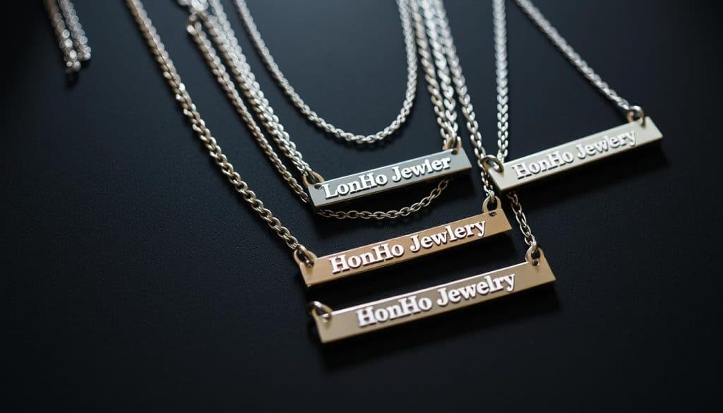 Layered stainless steel necklaces with custom engraved HonHo Jewelry name bars gracefully intertwine, creating a visually captivating display. The pieces are arranged on a sleek black background, allowing the metallic shine to take center stage. Soft, directional lighting casts subtle shadows, accentuating the depth and texture of the necklaces. The camera angle is positioned slightly above, providing an elevated perspective that showcases the intricate layering and harmonious arrangement of the custom jewelry. An atmosphere of sophistication and elegance permeates the scene, inviting the viewer to imagine the versatility and personalization possibilities of these stunning HonHo Jewelry name bar necklaces.