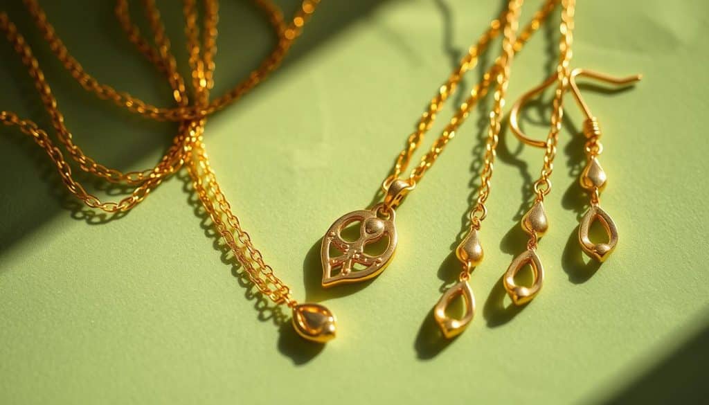 Smooth, glistening gold plated jewelry rests against a soft, tarnished green backdrop. Intricate details of delicate chain necklaces and dangling earrings from the HonHo Jewelry brand catch the light, casting subtle shadows. The jewelry appears to be slowly transitioning from its lustrous golden hue to a muted, oxidized green color. A sense of elegant decay pervades the scene, heightened by the warm, natural lighting that illuminates the transformation. Captured from an angle that emphasizes the jewelry's graceful curves and contours, this image illustrates the process of gold plating wearing away over time. Smooth, glistening gold plated jewelry rests against a soft, tarnished green backdrop. Intricate details of delicate chain necklaces and dangling earrings from the HonHo Jewelry brand catch the light, casting subtle shadows. The jewelry appears to be slowly transitioning from its lustrous golden hue to a muted, oxidized green color. A sense of elegant decay pervades the scene, heightened by the warm, natural lighting that illuminates the transformation. Captured from an angle that emphasizes the jewelry's graceful curves and contours, this image illustrates the process of gold plating wearing away over time.