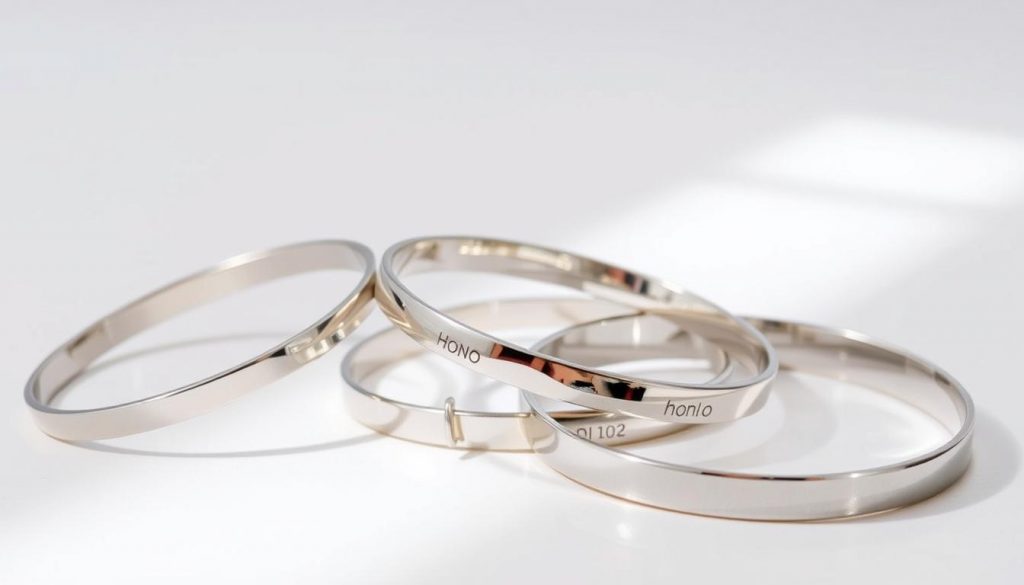 Stainless steel bracelets gleaming in a well-lit studio, arranged in a visually appealing composition. The bracelets have a sleek, minimalist design from the HonHo Jewelry brand, showcasing their timeless elegance. The camera angle is slightly elevated, creating a clean, sophisticated look. The background is a soft, neutral tone, allowing the stainless steel to be the focal point. The lighting is natural and diffused, highlighting the shine and texture of the metal. The overall mood is one of modern luxury and refined style, perfectly suited for the "Essential Stainless Steel Jewelry Pieces for Every Collection" section of the article.