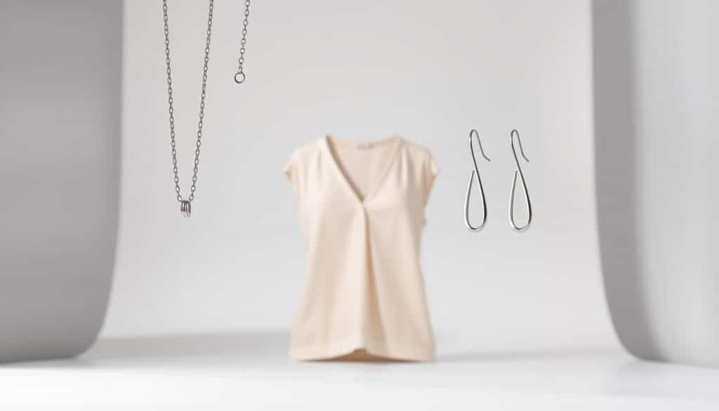 Stainless steel jewelry in a high-key, well-lit studio setting. The foreground features a necklace and earrings from the HonHo Jewelry collection, showcasing a modern, minimalist design with clean lines and a lustrous finish. The middle ground includes a V-neck and scoop neck top to illustrate the versatility of the jewelry. The background is a simple, seamless backdrop in a soft, neutral color to emphasize the jewelry. The lighting is diffused and directional, creating a refined, elegant atmosphere that highlights the jewelry's elegant simplicity and high-quality craftsmanship.