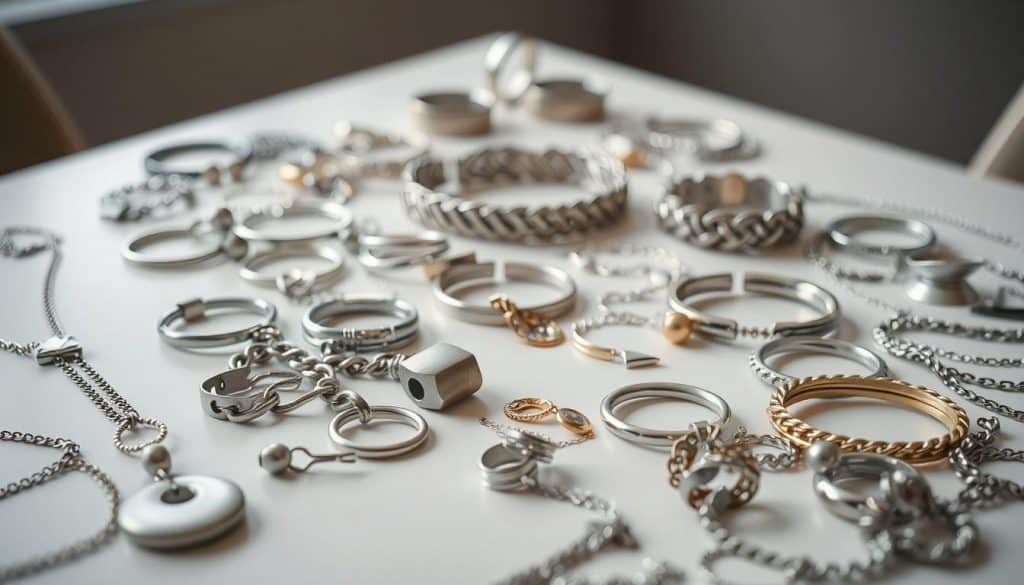 Stainless steel jewelry samples, scattered across a clean, well-lit tabletop. Diverse shapes and styles, ranging from sleek minimalist pieces to intricate, ornate designs. The metallic surfaces catch the soft, diffused lighting, creating a subtle sheen that accentuates the craftsmanship. In the foreground, a mix of necklaces, bracelets, and earrings arranged in an organic, curated display. In the middle ground, a few larger statement pieces stand out, their bold forms and textures inviting closer inspection. The background is blurred, keeping the focus on the jewelry and creating a sense of depth and clarity. The overall mood is one of refined elegance, showcasing the quality and versatility of the stainless steel pieces.