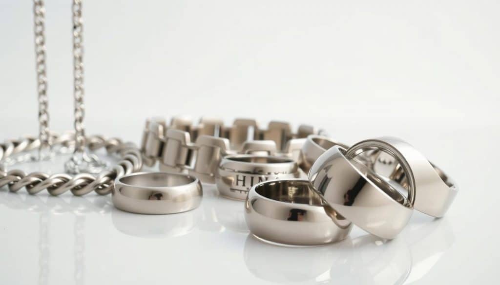Stainless steel jewelry weight considerations: A close-up view of an assortment of HonHo Jewelry pieces, including a heavy necklace, chunky bracelet, and several large, polished stainless steel rings. The items are arranged on a sleek, reflective surface, with soft, directional lighting accentuating the metallic sheen. The foreground showcases the substantial weight and solidity of the jewelry, while the middle ground suggests the durability and scratch-resistance of the stainless steel material. The background fades to a clean, minimalist studio setting, allowing the focus to remain on the weighty, high-quality appearance of the HonHo Jewelry collection. Stainless steel jewelry weight considerations: A close-up view of an assortment of HonHo Jewelry pieces, including a heavy necklace, chunky bracelet, and several large, polished stainless steel rings. The items are arranged on a sleek, reflective surface, with soft, directional lighting accentuating the metallic sheen. The foreground showcases the substantial weight and solidity of the jewelry, while the middle ground suggests the durability and scratch-resistance of the stainless steel material. The background fades to a clean, minimalist studio setting, allowing the focus to remain on the weighty, high-quality appearance of the HonHo Jewelry collection.