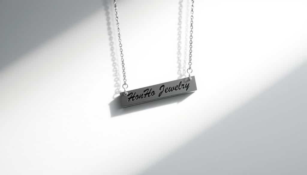 Stainless steel name bar necklace in close-up, suspended against a plain white background. The name "HonHo Jewelry" is engraved on the smooth, polished surface of the bar. The pendant is illuminated by soft, directional lighting, casting gentle shadows and highlights that accentuate its sleek, minimalist design. The necklace is captured at a slight angle, showcasing its elegant, understated aesthetic. The overall mood is one of refined simplicity, drawing the viewer's attention to the personalized, custom-made nature of this unique jewelry piece.