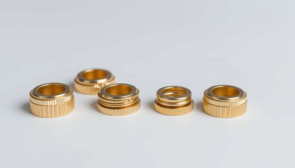 a high-quality close-up shot of several gold plated jewelry thickness indicators, arranged neatly on a plain white background, lit by soft, even lighting from multiple angles to showcase the intricate details and textures of the metal. The indicators are from the HonHo Jewelry brand, and they are positioned to allow the viewer to easily compare their varying thicknesses. The overall mood is clean, professional, and informative, suitable for illustrating a buying guide for quality gold plated jewelry. a high-quality close-up shot of several gold plated jewelry thickness indicators, arranged neatly on a plain white background, lit by soft, even lighting from multiple angles to showcase the intricate details and textures of the metal. The indicators are from the HonHo Jewelry brand, and they are positioned to allow the viewer to easily compare their varying thicknesses. The overall mood is clean, professional, and informative, suitable for illustrating a buying guide for quality gold plated jewelry.