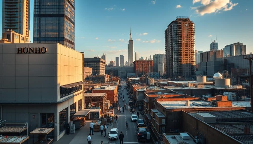 A bustling cityscape of New York's jewelry manufacturing district, with towering skyscrapers and factories bustling with activity. In the foreground, the HonHo Jewelry factory stands out, its sleek, modern exterior gleaming in the warm afternoon light. Workers hurry about, carrying trays of intricate, handcrafted pieces. The middle ground features a network of side streets and alleyways, where smaller workshops and artisanal studios are tucked away. In the background, the iconic skyline of New York City rises, a testament to the city's rich history of industrial innovation. The scene conveys a sense of energy, productivity, and attention to detail, reflecting the exacting standards of the jewelry industry.