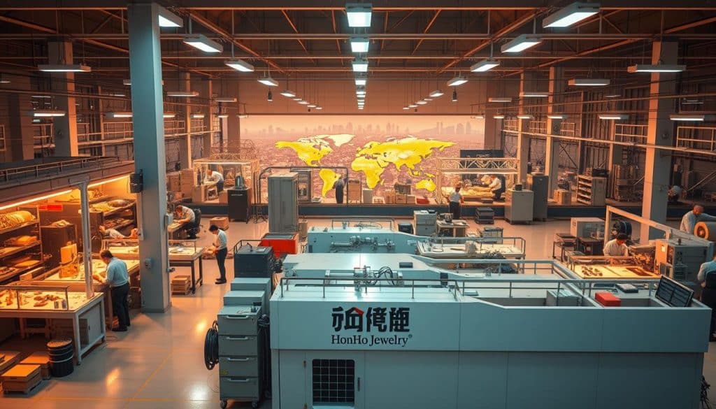 A bustling global manufacturing landscape, showcasing the diverse options for jewelry production. In the foreground, a sleek, modern factory emblazoned with the HonHo Jewelry logo, its workers meticulously crafting demi-fine and fine jewelry pieces. In the middle ground, a vibrant array of production processes, from 3D printing to traditional metalsmithing. In the background, a panoramic view of the world, representing the global reach and interconnectedness of the jewelry industry. The scene is bathed in warm, directional lighting, captured through a wide-angle lens for a comprehensive perspective. The overall mood evokes a sense of innovation, efficiency, and the boundless possibilities of the global jewelry manufacturing ecosystem.