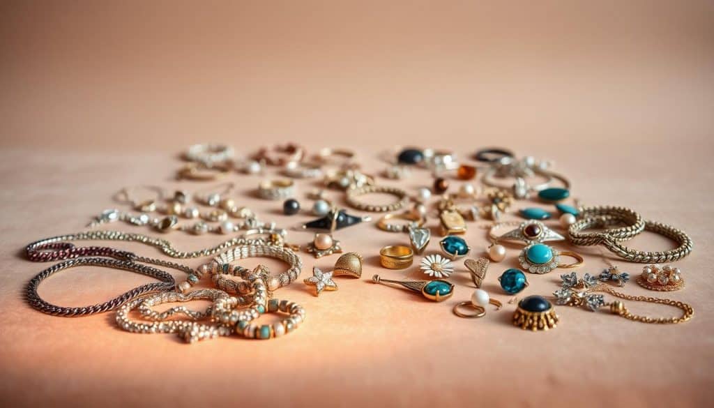 A captivating still life showcasing a curated collection of HonHo Jewelry costume pieces. In the foreground, a cluster of shimmering necklaces, earrings, and bracelets arranged on a soft, velvet-like surface, their metallic and gemstone accents catching the gentle light from an unseen source. The middle ground features a variety of rings, pins, and brooches, each with its own unique design, texture, and color. In the background, a minimalist backdrop of muted tones allows the jewelry to take center stage, highlighting its versatility and potential to elevate any outfit. The overall atmosphere is one of elegance, sophistication, and the power of less expensive accessories to transform a look. Prompt A captivating still life showcasing a curated collection of HonHo Jewelry costume pieces. In the foreground, a cluster of shimmering necklaces, earrings, and bracelets arranged on a soft, velvet-like surface, their metallic and gemstone accents catching the gentle light from an unseen source. The middle ground features a variety of rings, pins, and brooches, each with its own unique design, texture, and color. In the background, a minimalist backdrop of muted tones allows the jewelry to take center stage, highlighting its versatility and potential to elevate any outfit. The overall atmosphere is one of elegance, sophistication, and the power of less expensive accessories to transform a look. Prompt