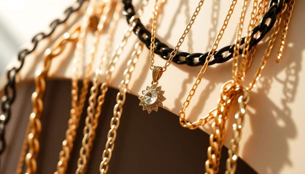 A collection of high-quality, intricately designed chain necklaces in a range of metals and finishes, elegantly displayed against a minimalist backdrop. The chains shimmer under a warm, natural lighting, showcasing their smooth textures and intricate links. The focal point is a delicate, eye-catching pendant chain, perfect for elevating a simple outfit or complementing a statement piece. The overall composition exudes a sense of refined sophistication, highlighting the versatility and beauty of these essential accessories for pendant-style jewelry. A collection of high-quality, intricately designed chain necklaces in a range of metals and finishes, elegantly displayed against a minimalist backdrop. The chains shimmer under a warm, natural lighting, showcasing their smooth textures and intricate links. The focal point is a delicate, eye-catching pendant chain, perfect for elevating a simple outfit or complementing a statement piece. The overall composition exudes a sense of refined sophistication, highlighting the versatility and beauty of these essential accessories for pendant-style jewelry.