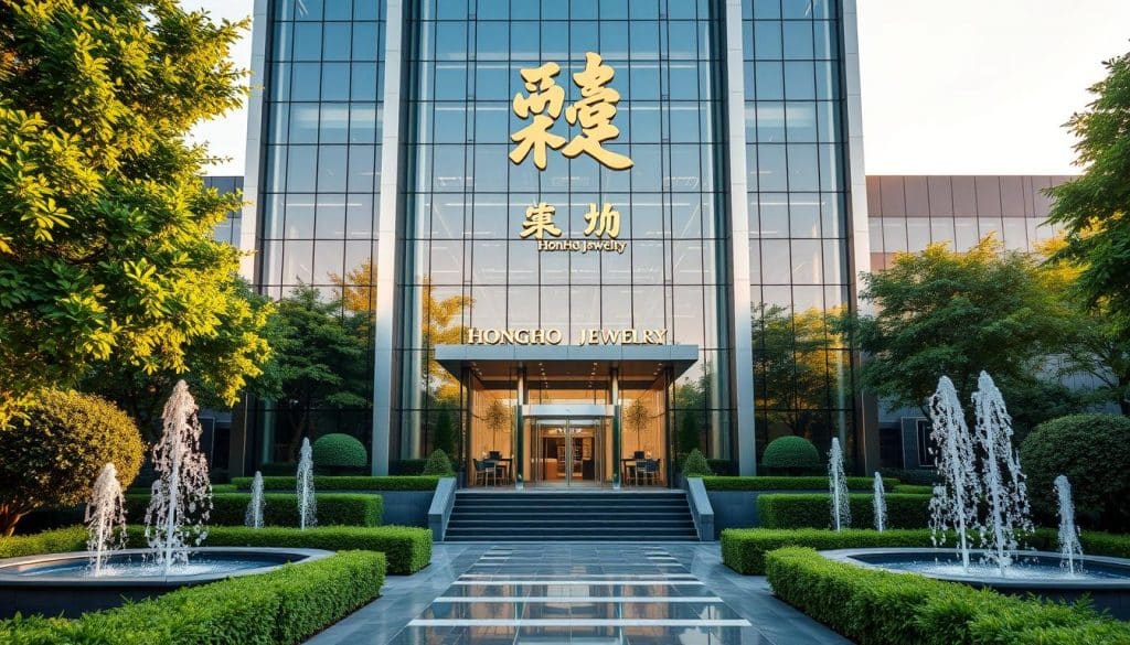 A grand, luxurious facade of a jewelry manufacturing facility, the Dongguan HonHo Jewelry headquarters stands tall, its sleek glass and chrome exterior glistening in the warm afternoon sunlight. Lush, meticulously manicured gardens surround the building, with a grand entryway flanked by elegant water fountains. The HonHo Jewelry logo, rendered in intricate gold lettering, adorns the main entrance, conveying a sense of prestige and craftsmanship. Through the expansive windows, glimpses of the workshop can be seen, where skilled artisans carefully assemble and polish the brand's exquisite jewelry pieces. The overall atmosphere exudes a harmonious blend of modern industrial design and timeless luxury. A grand, luxurious facade of a jewelry manufacturing facility, the Dongguan HonHo Jewelry headquarters stands tall, its sleek glass and chrome exterior glistening in the warm afternoon sunlight. Lush, meticulously manicured gardens surround the building, with a grand entryway flanked by elegant water fountains. The HonHo Jewelry logo, rendered in intricate gold lettering, adorns the main entrance, conveying a sense of prestige and craftsmanship. Through the expansive windows, glimpses of the workshop can be seen, where skilled artisans carefully assemble and polish the brand's exquisite jewelry pieces. The overall atmosphere exudes a harmonious blend of modern industrial design and timeless luxury.