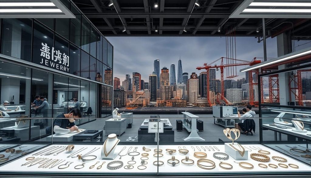 A high-quality, wide-angle photograph of a modern jewelry manufacturing facility in Dongguan, China, showcasing the "HonHo Jewelry" brand. The factory facade is made of glass and steel, with a sleek, minimalist design. The foreground features a group of skilled artisans carefully crafting intricate pieces, using specialized tools and machinery. The middle ground showcases a display of finished jewelry, including necklaces, rings, and bracelets, all bearing the HonHo Jewelry logo. The background depicts the bustling city skyline of Dongguan, with towering skyscrapers and cranes, highlighting the industrial prowess of the region. The lighting is bright and even, creating a professional, high-tech atmosphere. The overall scene conveys the precision, innovation, and craftsmanship of the HonHo Jewelry brand.