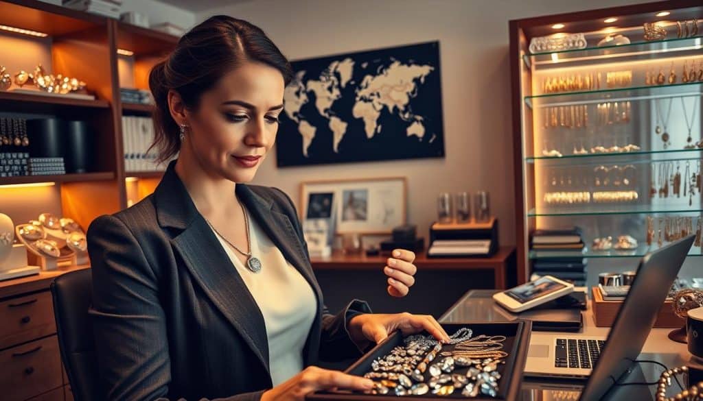 A jewelry supplier's cozy office, warm lighting illuminating the intricate showcase of gleaming pendants, bracelets, and earrings. In the foreground, a professional woman in a crisp blazer examines a tray of sparkling gemstones, her brow furrowed in contemplation. Behind her, a world map pinned to the wall hints at the global reach of the business. Shelves brimming with meticulously organized inventory line the walls, while a laptop on the desk suggests the digital tools used to connect with wholesale partners. The overall atmosphere conveys the expertise, care, and partnership involved in sourcing high-quality jewelry.