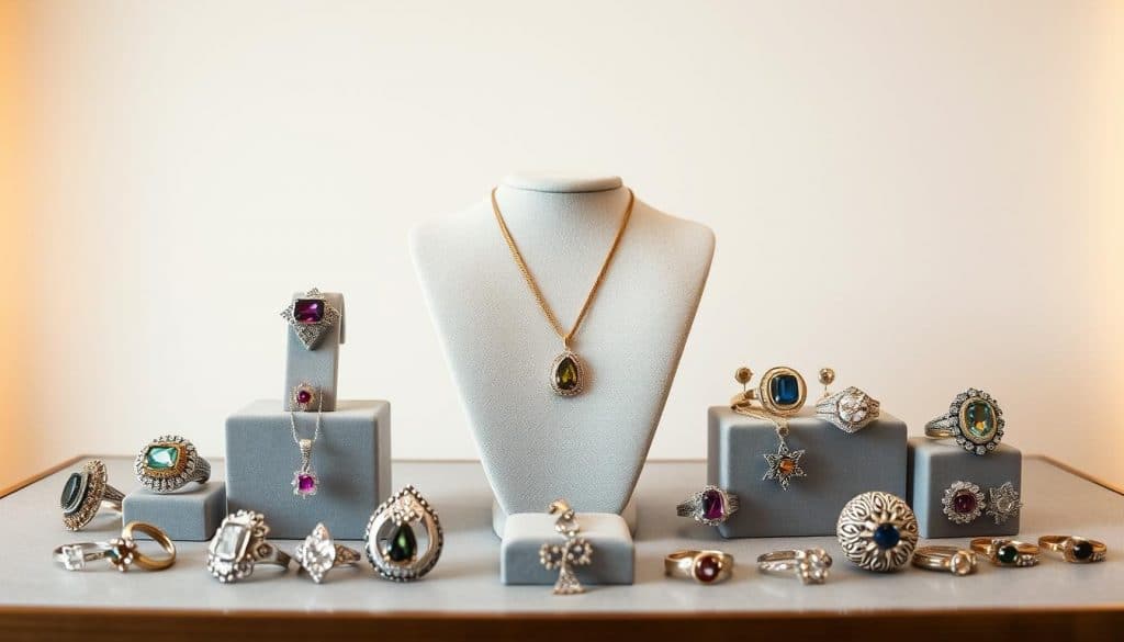 A meticulously crafted display of custom HonHo Jewelry pieces, showcasing the brand's exquisite attention to detail. In the foreground, a dazzling array of unique, bespoke rings, necklaces, and earrings, each with intricate gemstone settings and intricate metalwork. The middle ground features a sleek, minimalist display stand, allowing the jewelry to shine. Soft, warm lighting bathes the scene, creating a serene, inviting atmosphere. In the background, a clean, muted backdrop emphasizes the focus on the stunning jewelry. The overall composition exudes a sense of refined elegance and the brand's commitment to exceptional, personalized craftsmanship. A meticulously crafted display of custom HonHo Jewelry pieces, showcasing the brand's exquisite attention to detail. In the foreground, a dazzling array of unique, bespoke rings, necklaces, and earrings, each with intricate gemstone settings and intricate metalwork. The middle ground features a sleek, minimalist display stand, allowing the jewelry to shine. Soft, warm lighting bathes the scene, creating a serene, inviting atmosphere. In the background, a clean, muted backdrop emphasizes the focus on the stunning jewelry. The overall composition exudes a sense of refined elegance and the brand's commitment to exceptional, personalized craftsmanship.