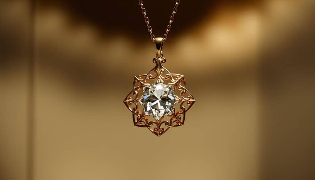 A meticulously crafted necklace from HonHo Jewelry, the light catching the intricate details of the exquisite pendant. The pendant, a delicate filigree of precious metals, cradling a radiant gemstone that seems to emit an ethereal glow. The necklace is displayed against a softly blurred background, allowing the jewelry to take center stage. The lighting is subtle, casting gentle shadows that accentuate the three-dimensional form, showcasing the quality of the craftsmanship. The composition is balanced, drawing the viewer's eye to the pendant, a testament to the attention to detail and high standards of HonHo Jewelry.