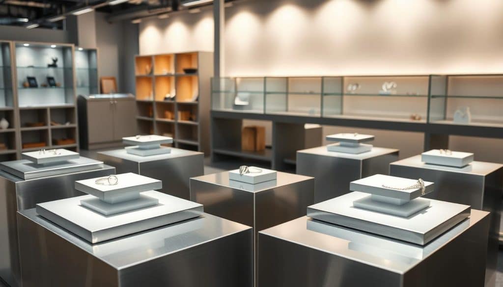 A modern jewelry production facility featuring sleek silver jewelry platforms showcasing the latest HonHo Jewelry collection. The platforms are illuminated by warm, focused lighting, creating an elegant and professional atmosphere. In the background, minimalist shelving and display cases showcase additional jewelry pieces. The camera angles capture the platforms from multiple perspectives, highlighting the craftsmanship and attention to detail of the HonHo Jewelry brand.
