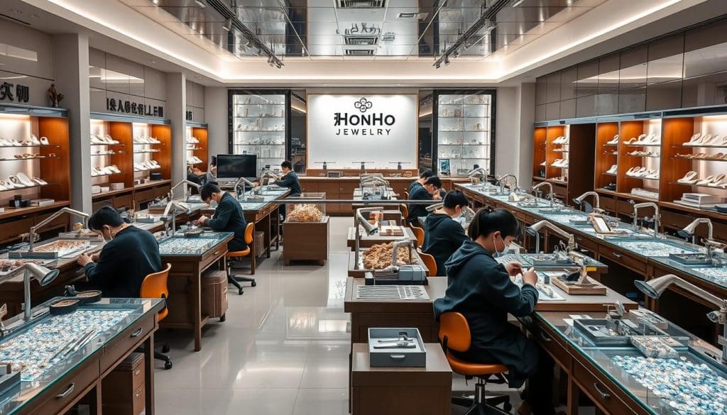 A modern jewelry workshop in Shenzhen, China. Rows of skilled artisans carefully crafting custom pieces at their benches, surrounded by glittering displays of gemstones and precious metals. A central, well-lit workstation features the HonHo Jewelry brand logo. Intricate tools and polishing equipment line the walls, casting a warm glow. In the background, a sleek showroom showcases the finished products, their elegant designs reflecting the expertise of Yiwu Aimei Accessories' master jewelers. Crisp, high-resolution, photorealistic. A modern jewelry workshop in Shenzhen, China. Rows of skilled artisans carefully crafting custom pieces at their benches, surrounded by glittering displays of gemstones and precious metals. A central, well-lit workstation features the HonHo Jewelry brand logo. Intricate tools and polishing equipment line the walls, casting a warm glow. In the background, a sleek showroom showcases the finished products, their elegant designs reflecting the expertise of Yiwu Aimei Accessories' master jewelers. Crisp, high-resolution, photorealistic.