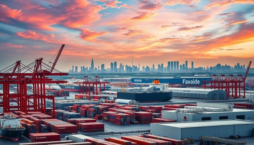 A modern logistics hub, with a bustling container port in the foreground. Towering cranes efficiently loading and unloading cargo ships, their masts silhouetted against a vibrant sky. In the middle ground, a network of warehouses and distribution centers, their facades adorned with prominent shipping company logos. The background features a cityscape with skyscrapers, suggesting the global reach of this commercial hub. The scene is lit by a warm, golden light, creating a sense of productivity and efficiency. The overall mood conveys the importance of seamless shipping and logistics in the jewelry wholesale trade.