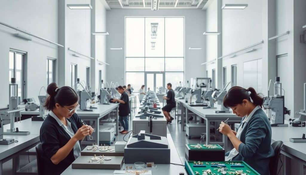 A modern, well-lit interior of a HonHo Jewelry production facility. In the foreground, skilled artisans carefully assemble delicate pieces of fine jewelry, their hands moving with precision and focus. The middle ground showcases rows of specialized equipment and tools used for cutting, polishing, and setting precious stones. The background reveals a sleek, minimalist workshop layout with large windows allowing ample natural light to pour in, creating a serene and professional atmosphere. The overall scene conveys the meticulous craftsmanship and attention to detail that goes into creating HonHo's high-quality jewelry. A modern, well-lit interior of a HonHo Jewelry production facility. In the foreground, skilled artisans carefully assemble delicate pieces of fine jewelry, their hands moving with precision and focus. The middle ground showcases rows of specialized equipment and tools used for cutting, polishing, and setting precious stones. The background reveals a sleek, minimalist workshop layout with large windows allowing ample natural light to pour in, creating a serene and professional atmosphere. The overall scene conveys the meticulous craftsmanship and attention to detail that goes into creating HonHo's high-quality jewelry.