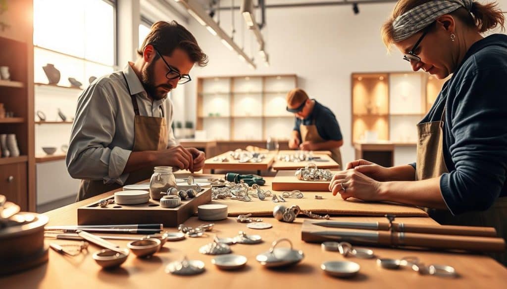 A pristine silver jewelry workshop bathed in warm, diffused lighting. Skilled artisans carefully inspect ethically sourced silver ingots, their keen eyes discerning quality and purity. In the foreground, a jeweler's workbench showcases intricate tools and half-finished pendants, hinting at the meticulous craftsmanship to come. The background reveals a modern, minimalist showroom, where meticulously arranged displays showcase the final, gleaming silver creations. The overall atmosphere conveys a sense of sustainable luxury, where ethical sourcing and master craftsmanship converge to shape the future of the jewelry industry.