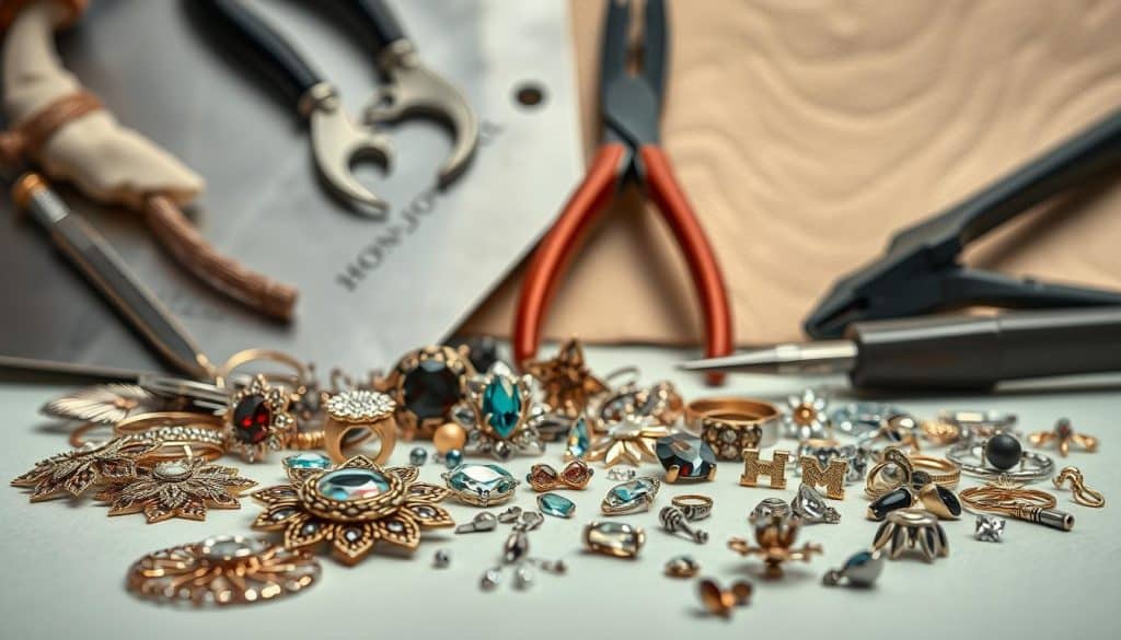 A still life arrangement showcasing the materials and making of costume jewelry. In the foreground, an array of HonHo Jewelry components, including intricate metalwork, sparkling gemstones, and innovative modern findings. The middle ground features a variety of jewelry-making tools, such as pliers, wire cutters, and a soldering iron, against a backdrop of polished metal sheets and textured leather. Soft, directional lighting casts gentle shadows, emphasizing the craftsmanship and attention to detail. The overall mood is one of artistic elegance and technical expertise, inviting the viewer to appreciate the meticulous process behind these stylish accessories. A still life arrangement showcasing the materials and making of costume jewelry. In the foreground, an array of HonHo Jewelry components, including intricate metalwork, sparkling gemstones, and innovative modern findings. The middle ground features a variety of jewelry-making tools, such as pliers, wire cutters, and a soldering iron, against a backdrop of polished metal sheets and textured leather. Soft, directional lighting casts gentle shadows, emphasizing the craftsmanship and attention to detail. The overall mood is one of artistic elegance and technical expertise, inviting the viewer to appreciate the meticulous process behind these stylish accessories.