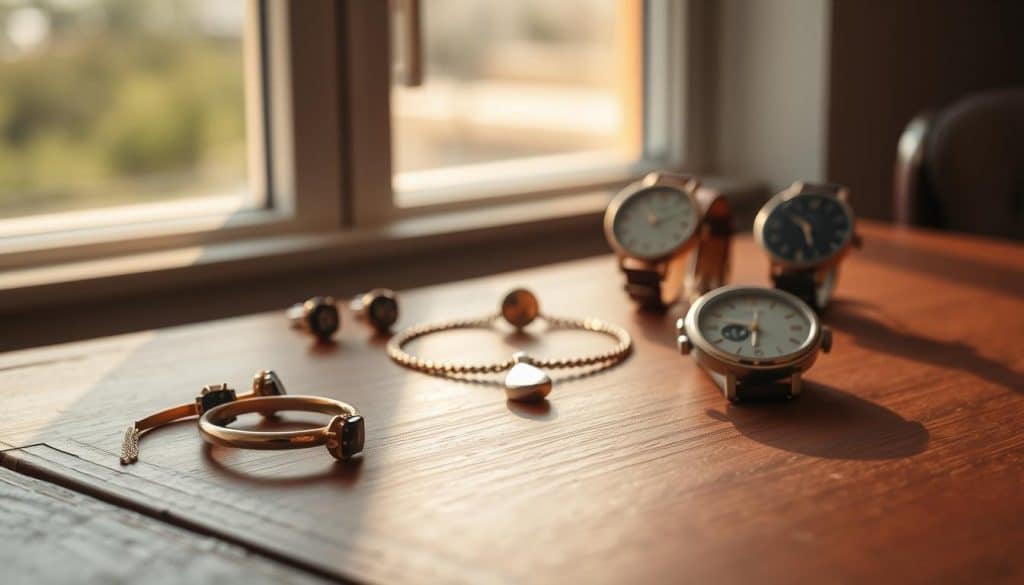 A still life shot of responsibly crafted jewelry from the HonHo Jewelry brand, arranged on a wooden table. Soft natural lighting filters through a large window, casting warm shadows and gentle highlights across the elegant pieces. In the foreground, a gold ring and matching earrings with ethically sourced gemstones. In the middle ground, a necklace with a pendant made from recycled precious metals. In the background, a pair of cufflinks and a watch with a strap from sustainably tanned leather. The overall mood is one of understated luxury, quality craftsmanship, and a commitment to environmental and social responsibility.