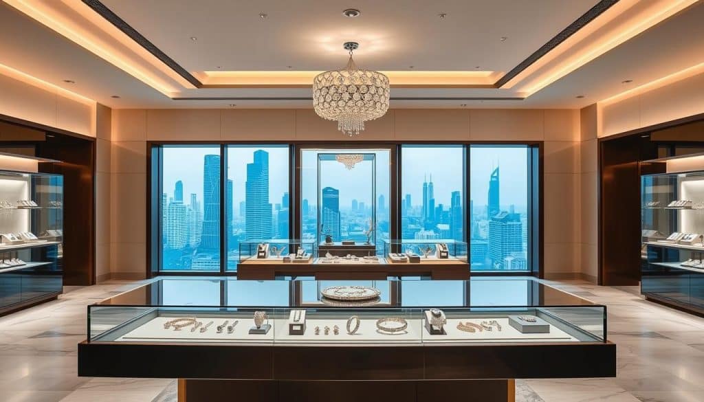 A stunning jewelry showroom with a sophisticated and modern aesthetic. In the foreground, a display case showcases a stunning collection of HonHo Jewelry, featuring intricate designs and sparkling gemstones. The middle ground reveals a sleek and minimalist interior, with clean lines, warm lighting, and a neutral color palette that creates a tranquil and inviting atmosphere. In the background, large windows offer a glimpse of the bustling city of Guangzhou, adding a dynamic and vibrant contrast to the serene showroom space. The overall composition conveys the elegance, quality, and attention to detail that define the Guangzhou Siny Jewelry brand. A stunning jewelry showroom with a sophisticated and modern aesthetic. In the foreground, a display case showcases a stunning collection of HonHo Jewelry, featuring intricate designs and sparkling gemstones. The middle ground reveals a sleek and minimalist interior, with clean lines, warm lighting, and a neutral color palette that creates a tranquil and inviting atmosphere. In the background, large windows offer a glimpse of the bustling city of Guangzhou, adding a dynamic and vibrant contrast to the serene showroom space. The overall composition conveys the elegance, quality, and attention to detail that define the Guangzhou Siny Jewelry brand.