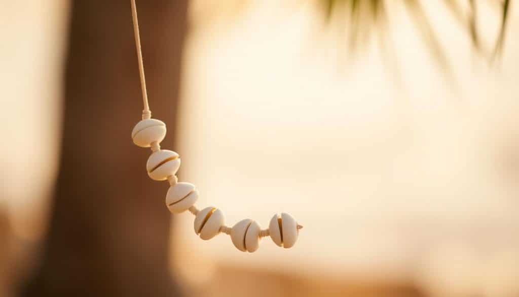 A stunning puka shell necklace gracefully draped against a backdrop of soft, warm lighting. The necklace features a mix of natural, off-white puka shells, each one uniquely shaped and textured, strung together on a delicate cord. The foreground captures the intricate details of the shells, their smooth surfaces and subtle sheen, while the middle ground showcases the necklace's elegant silhouette. The background is a hazy, ethereal scene, gently blurred to create a sense of depth and focus on the central subject. The overall mood is one of natural beauty, island charm, and a touch of coastal elegance.