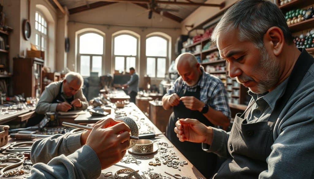 A sunlit workshop filled with skilled Turkish jewelry artisans, surrounded by gleaming metal tools, gemstones, and half-finished works. In the foreground, a craftsman meticulously engraves a delicate filigree pattern onto a silver bracelet. In the middle ground, others skillfully solder, hammer, and polish intricate necklaces, rings, and earrings, each piece a unique expression of centuries-old techniques. The background reveals a warm, inviting space with high ceilings, large windows, and shelves brimming with the vibrant colors of precious stones. Soft, natural lighting bathes the scene, evoking a sense of tradition, expertise, and proud craftsmanship.