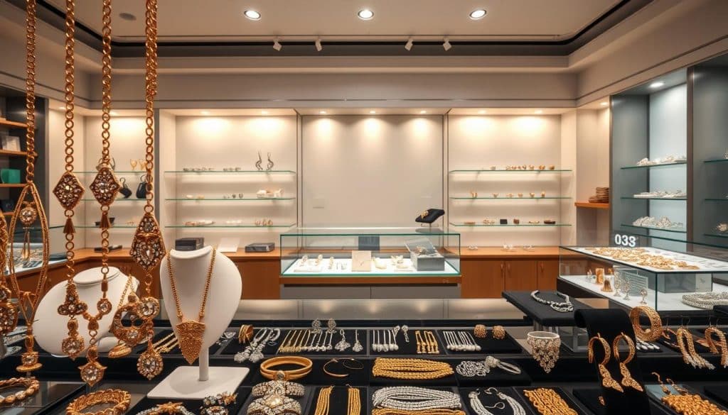 A well-lit, high-quality jewelry showroom interior, showcasing an assortment of elegant Turkish wholesale jewelry options. In the foreground, a display of various necklaces, earrings, and bracelets crafted from gleaming precious metals like gold and sterling silver, accented with sparkling gemstones. In the middle ground, glass display cases present a diverse selection of rings, pendants, and other custom jewelry pieces. The background features sleek, minimalist shelving and cabinetry, creating a refined, sophisticated atmosphere. Soft, directional lighting highlights the intricate designs and exceptional craftsmanship of the jewelry, evoking a sense of luxury and exclusivity. The overall scene conveys the high-end, professional nature of the Turkish jewelry manufacturing industry.