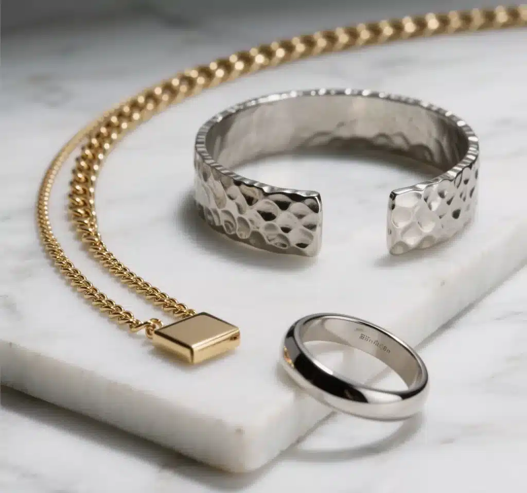 Contrasting metal textures: polished gold next to brushed silver