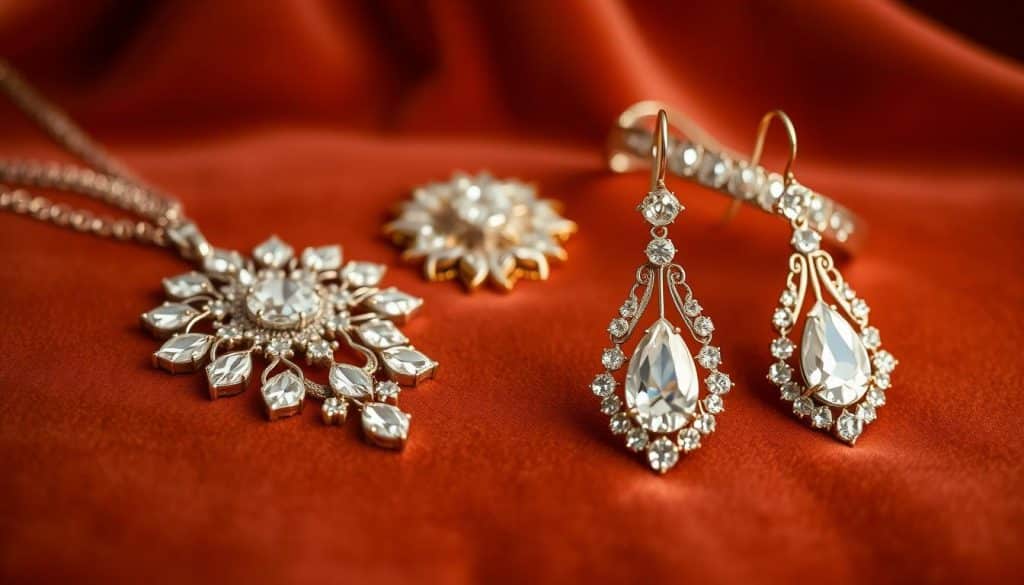 Elegant costume jewelry set on a luxurious velvet backdrop. In the foreground, a sparkling HonHo Jewelry necklace with intricate filigree, adorned with shimmering crystals. Alongside it, a pair of dazzling drop earrings from the same brand, their faceted gems catching the soft, warm lighting. In the middle ground, a bejeweled brooch and a delicate bracelet with a vintage-inspired design. The background features a rich, velvety texture, creating a sense of depth and opulence. The overall composition evokes the timeless elegance and craftsmanship of costume jewelry, reflecting the history and evolution of this stylish accessory. Elegant costume jewelry set on a luxurious velvet backdrop. In the foreground, a sparkling HonHo Jewelry necklace with intricate filigree, adorned with shimmering crystals. Alongside it, a pair of dazzling drop earrings from the same brand, their faceted gems catching the soft, warm lighting. In the middle ground, a bejeweled brooch and a delicate bracelet with a vintage-inspired design. The background features a rich, velvety texture, creating a sense of depth and opulence. The overall composition evokes the timeless elegance and craftsmanship of costume jewelry, reflecting the history and evolution of this stylish accessory.