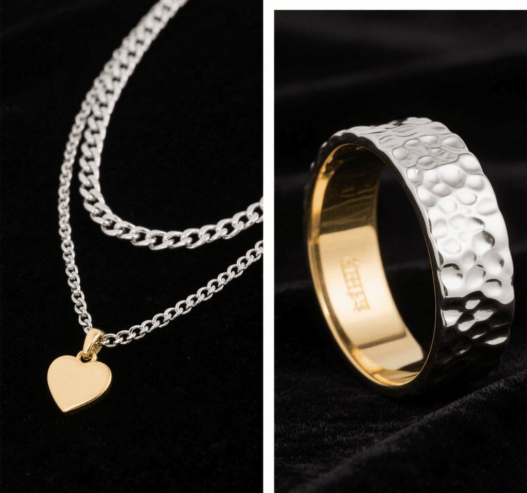 Layered gold and silver necklaces with mixed pendants