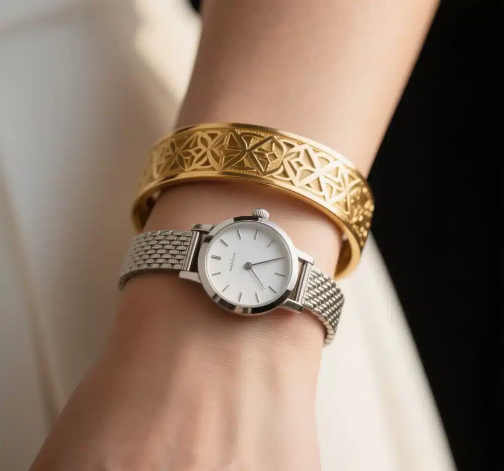 Mixed gold and silver necklaces and bracelets styled for everyday wear