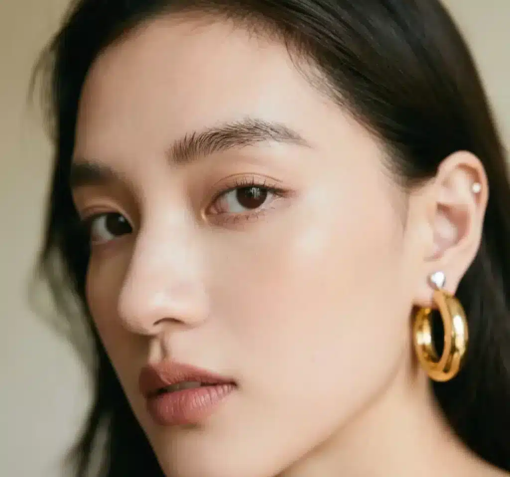 Mixed-metal earrings: gold hoop with silver stud