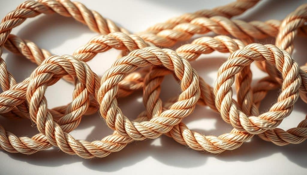 Rope chains with fluid, rounded profiles, woven in intricate, sinuous patterns. The chains appear to be made of sturdy, supple rope, with a natural, organic texture. Soft, diffused lighting casts gentle shadows, highlighting the intertwining strands and creating a sense of depth and volume. The chains are arranged in a harmonious, artful composition, with the curves and contours flowing seamlessly. The overall mood is one of elegance, sophistication, and a touch of natural beauty. Rope chains with fluid, rounded profiles, woven in intricate, sinuous patterns. The chains appear to be made of sturdy, supple rope, with a natural, organic texture. Soft, diffused lighting casts gentle shadows, highlighting the intertwining strands and creating a sense of depth and volume. The chains are arranged in a harmonious, artful composition, with the curves and contours flowing seamlessly. The overall mood is one of elegance, sophistication, and a touch of natural beauty.