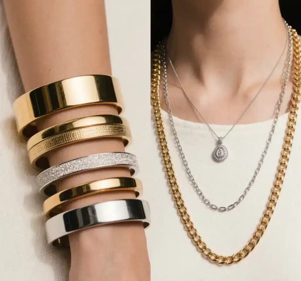 Stacked gold and silver bangles on one wrist
