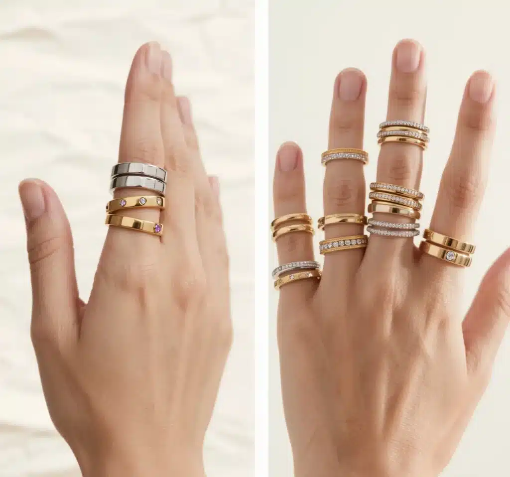 Stacked rings mixing gold and silver bands