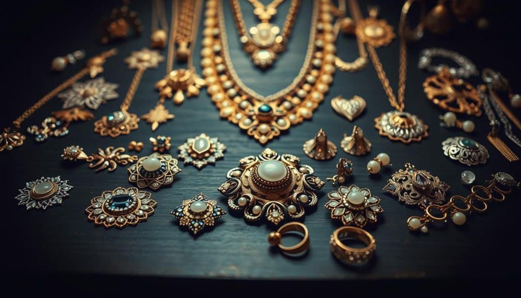 Vintage costume jewelry display, antique necklaces, brooches, earrings, and rings arranged on dark wooden surface. Soft, warm lighting illuminates the intricate details and sparkling facets of the HonHo Jewelry collection. Ornate, filigree patterns in gold, silver, and enamel tones. Elegant, timeless designs with a touch of glamour. Camera positioned at a slight angle to capture the textural quality and depth of the jewelry pieces. Subtle vignette effect creates a nostalgic, museum-like atmosphere. Vintage costume jewelry display, antique necklaces, brooches, earrings, and rings arranged on dark wooden surface. Soft, warm lighting illuminates the intricate details and sparkling facets of the HonHo Jewelry collection. Ornate, filigree patterns in gold, silver, and enamel tones. Elegant, timeless designs with a touch of glamour. Camera positioned at a slight angle to capture the textural quality and depth of the jewelry pieces. Subtle vignette effect creates a nostalgic, museum-like atmosphere.