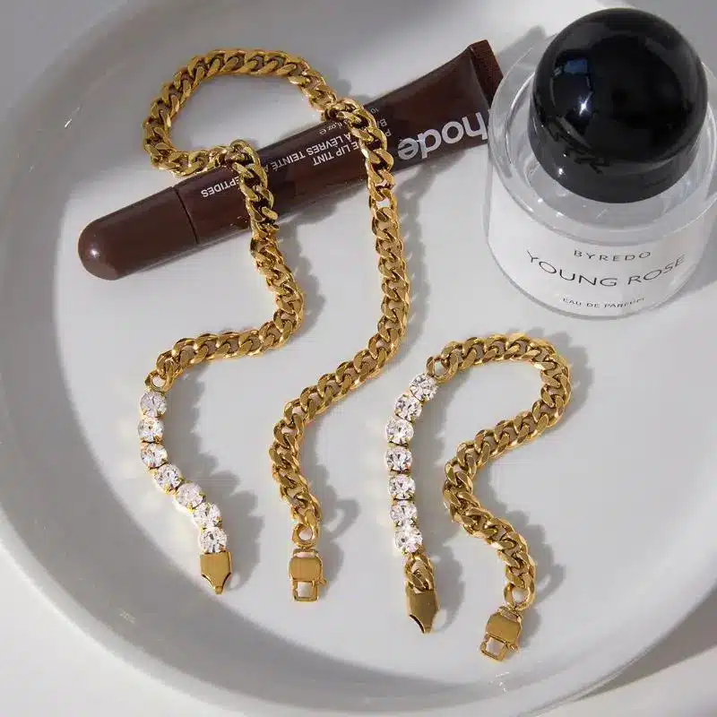 Spliced Design Gold Stainless Steel Curb Chain and Freshwater Pearl Bracelet Set