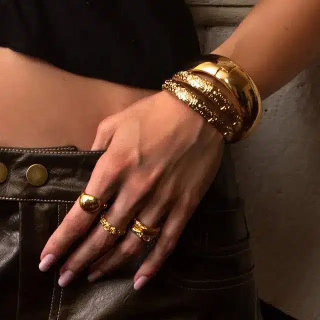 Stainless Steel Jewelry 45 Hammered texture gold wide cuff bangle set - Statement Jewelry Manufacturer