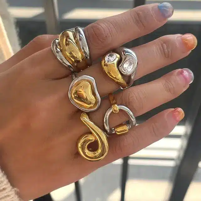 Stainless Steel Jewelry 26 Abstract liquid metal gold and silver two tone rings - Artistic Design