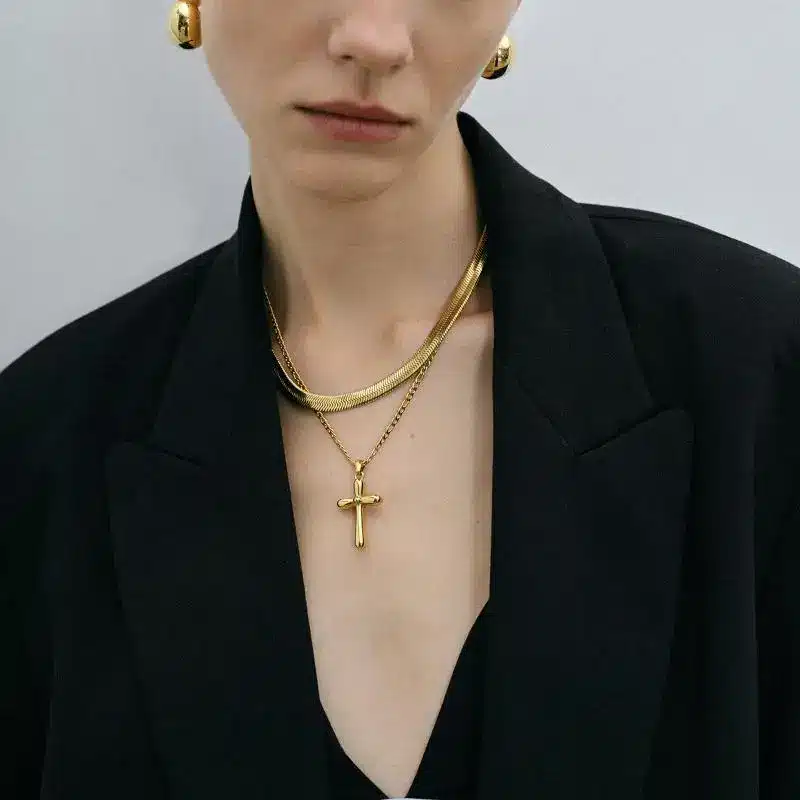 Stainless Steel Jewelry 10 Chunky Gold Plated Stainless Steel Herringbone Chain with Cross Pendant - Waterproof PVD Coating