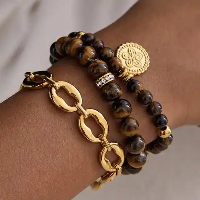 Stainless Steel Jewelry 40 Natural tiger eye stone beaded bracelet with gold coin charm