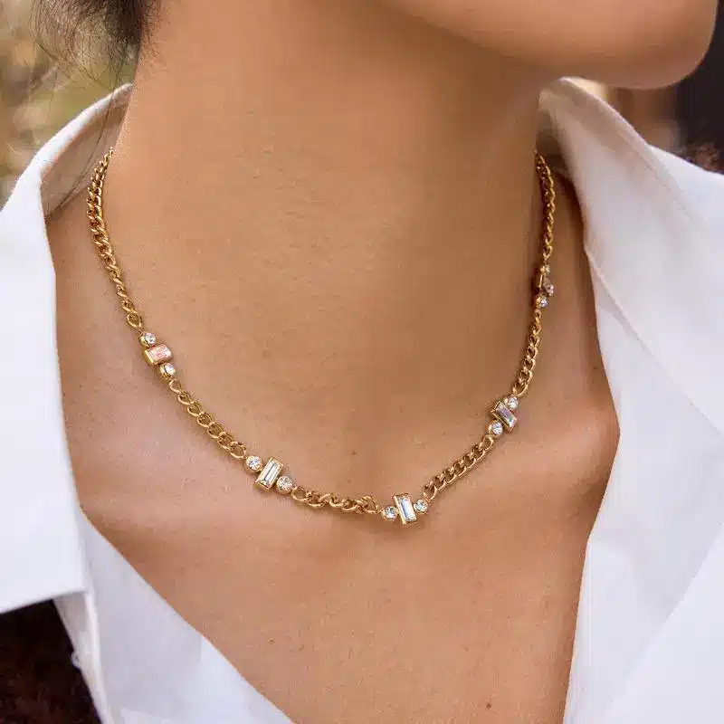 Stainless Steel Jewelry 13 Gold Plated Stainless Steel Thin Chain Necklace with Cubic Zirconia Geometric Beads - Minimalist Jewelry - Honho Jewelry
