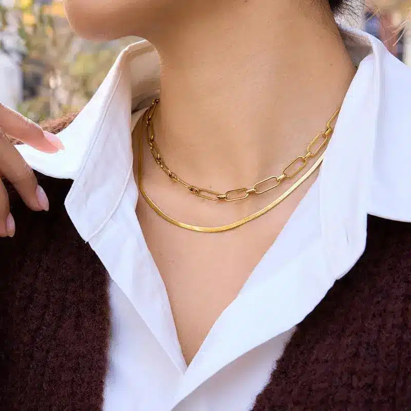 Stainless Steel Jewelry 7 Minimalist Gold Plated Stainless Steel Paperclip and Snake Chain Layered Choker - Waterproof Jewelry