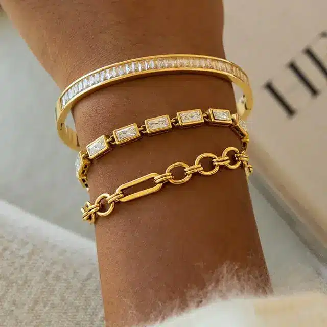Stainless Steel Jewelry 43 Luxury baguette stone bangle and paperclip chain bracelet stack