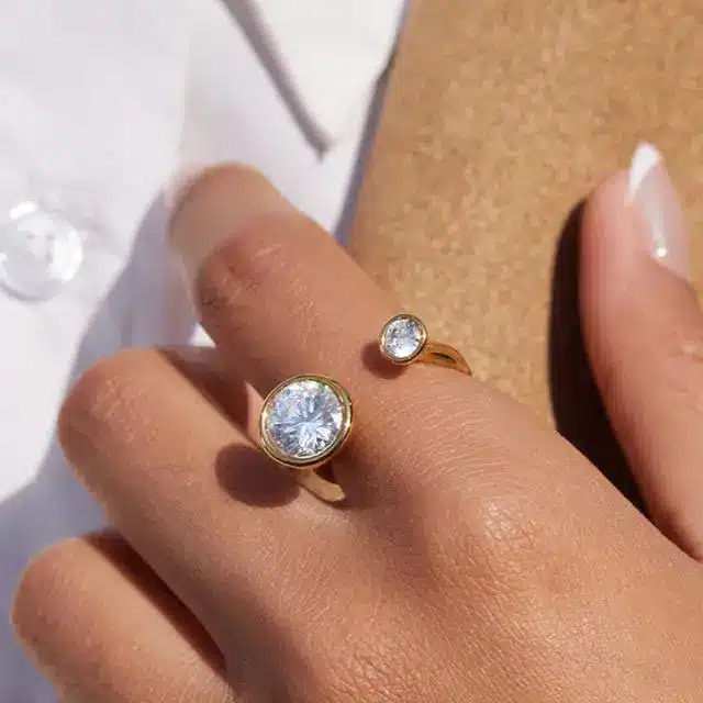 Stainless Steel Jewelry 32 Adjustable open cuff ring with large solitaire crystal - Custom Jewelry